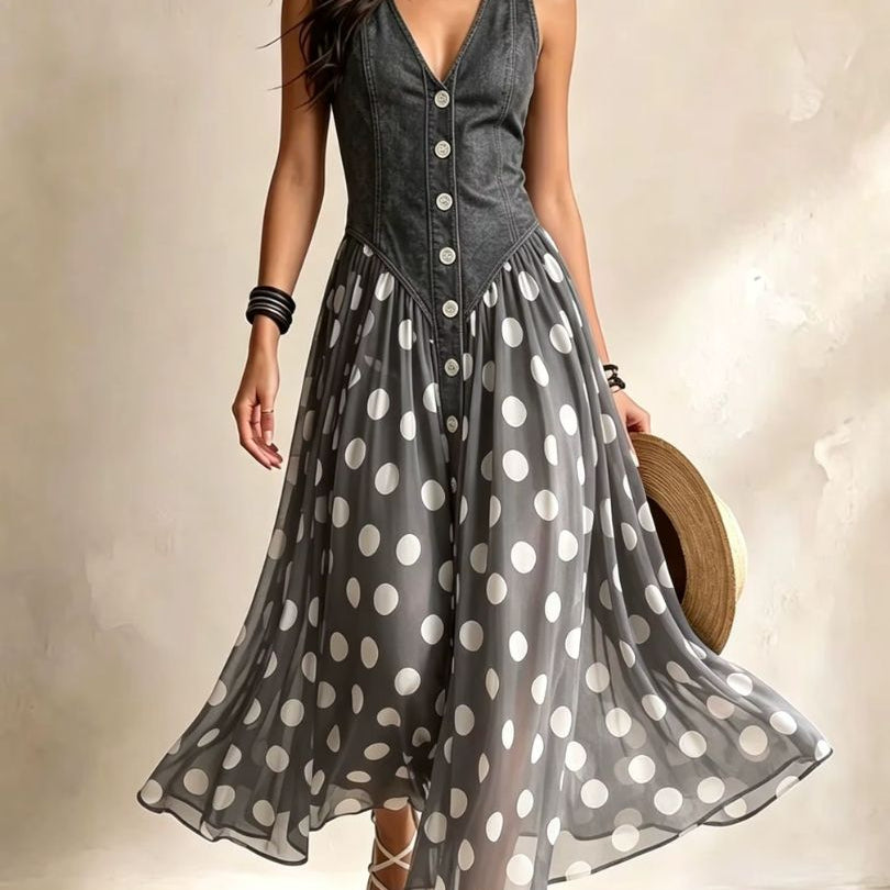 Full back view of the Soraya denim and chiffon midi dress on a model, emphasizing its flattering fit and elegant drape.