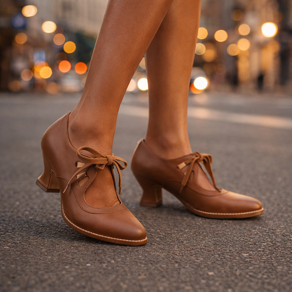 Rear view of the black leather heels, showing the heel shape and overall silhouette