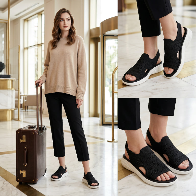 A close-up texture of the knit material on beige platform sandals, providing insight into the quality.