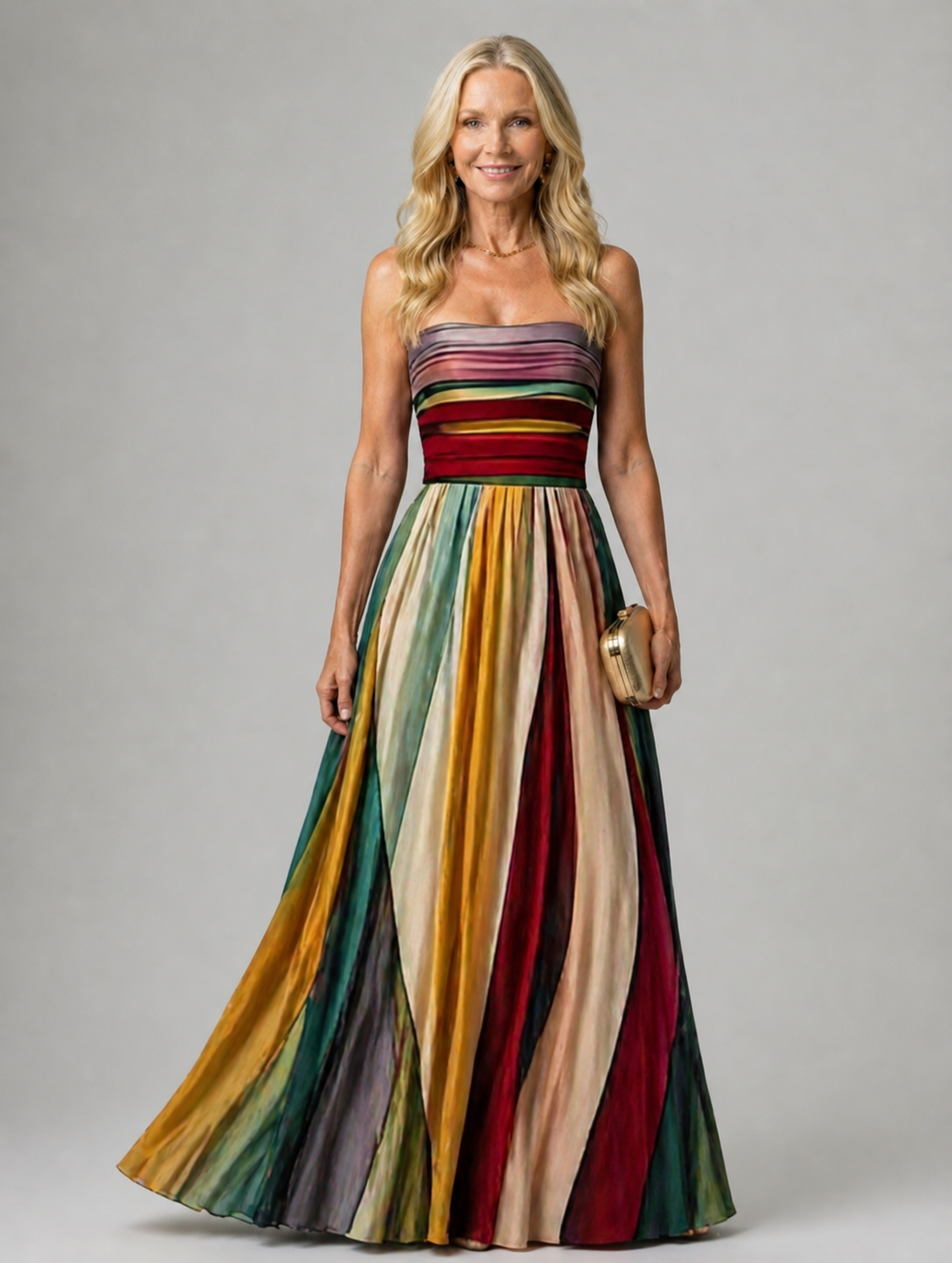 Front view of the Talma elegant strapless A-line dress in a solid color, showcasing its flowy silhouette.