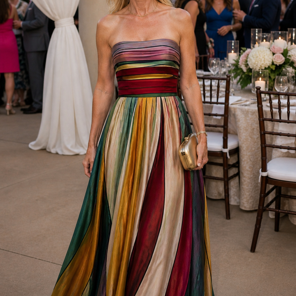 Side profile of a model wearing the Talma strapless A-line dress, highlighting the comfortable fit and fabric drape.