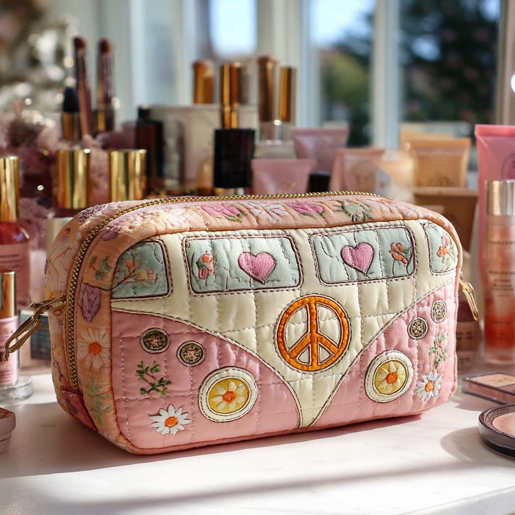Front view of the Zephyr quilted handmade cosmetic bag in a soft pastel shade, showcasing its intricate stitched pattern and secure zipper closure.