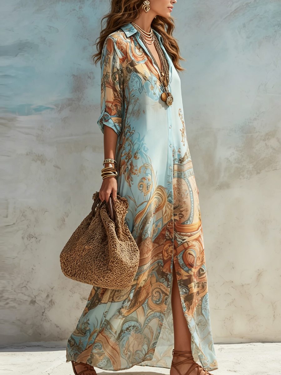 Model wearing the blue short sleeve maxi dress, styled with sandals for a polished yet casual ensemble.