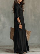 Full length view of the khaki long sleeve maxi dress, illustrating its sophisticated and elegant appeal.