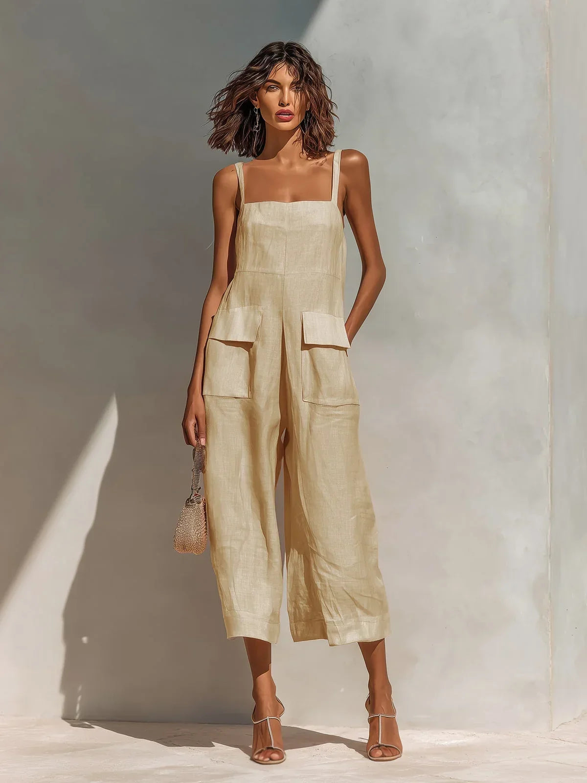 Close-up detail of the breathable linen-blend fabric and the practical patch pocket on the beige jumpsuit.
