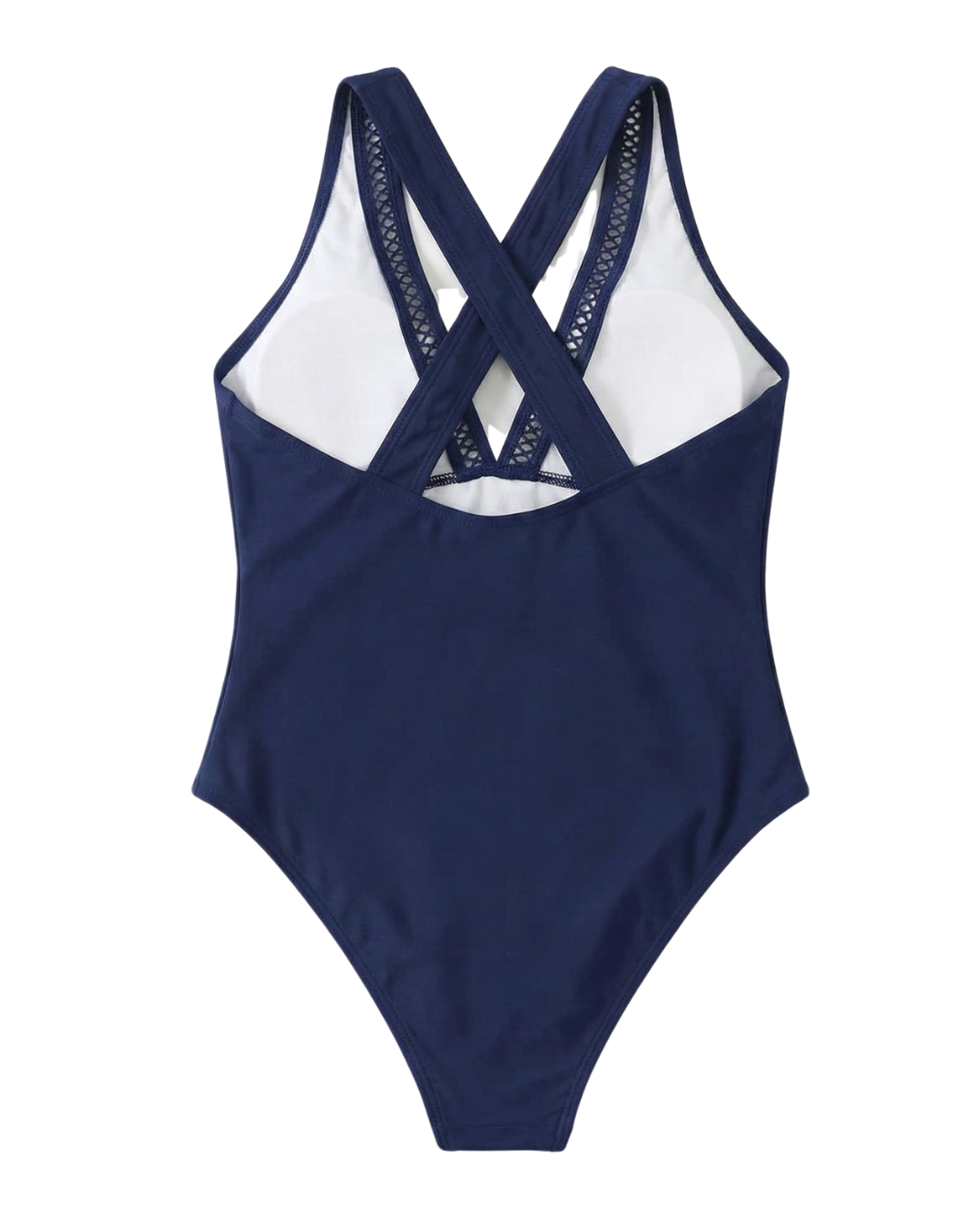 Model posing confidently in the navy one-piece swimsuit, reflecting body positivity and timeless appeal.
