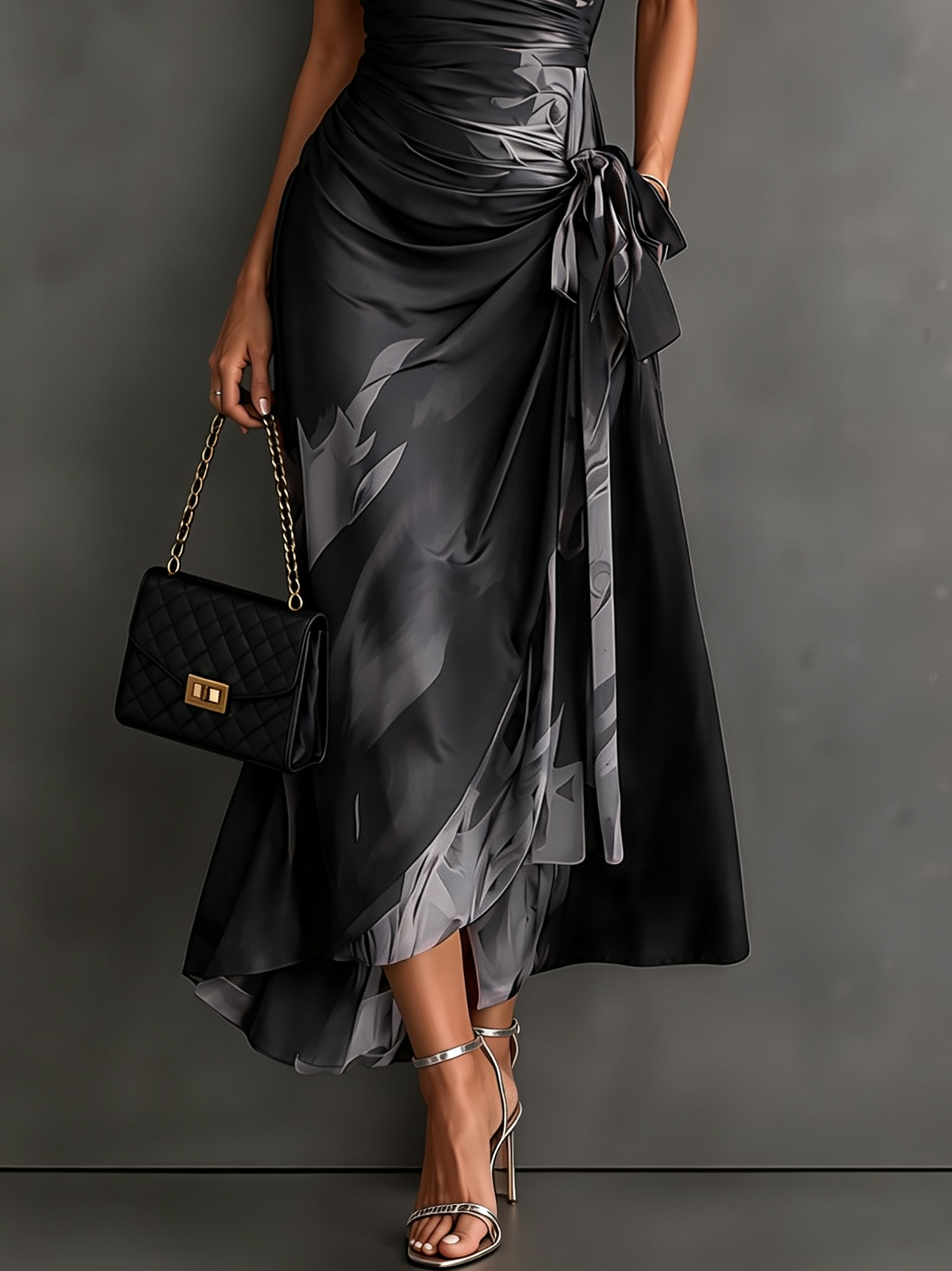 Grey abstract print wrap maxi dress, showcasing the comfort and style of the smooth woven fabric.