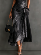 Grey abstract print wrap maxi dress, showcasing the comfort and style of the smooth woven fabric.
