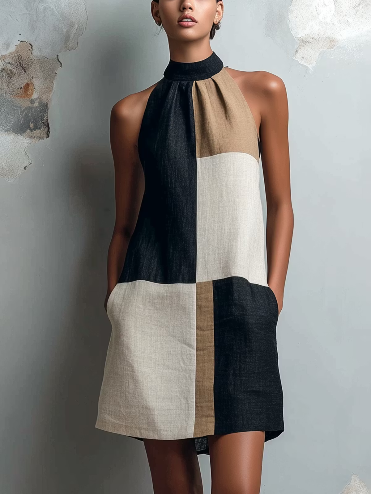 Front view of a woman wearing the Rowena colorblock dress in neutral tones, showcasing its elegant halter neckline and shift fit.