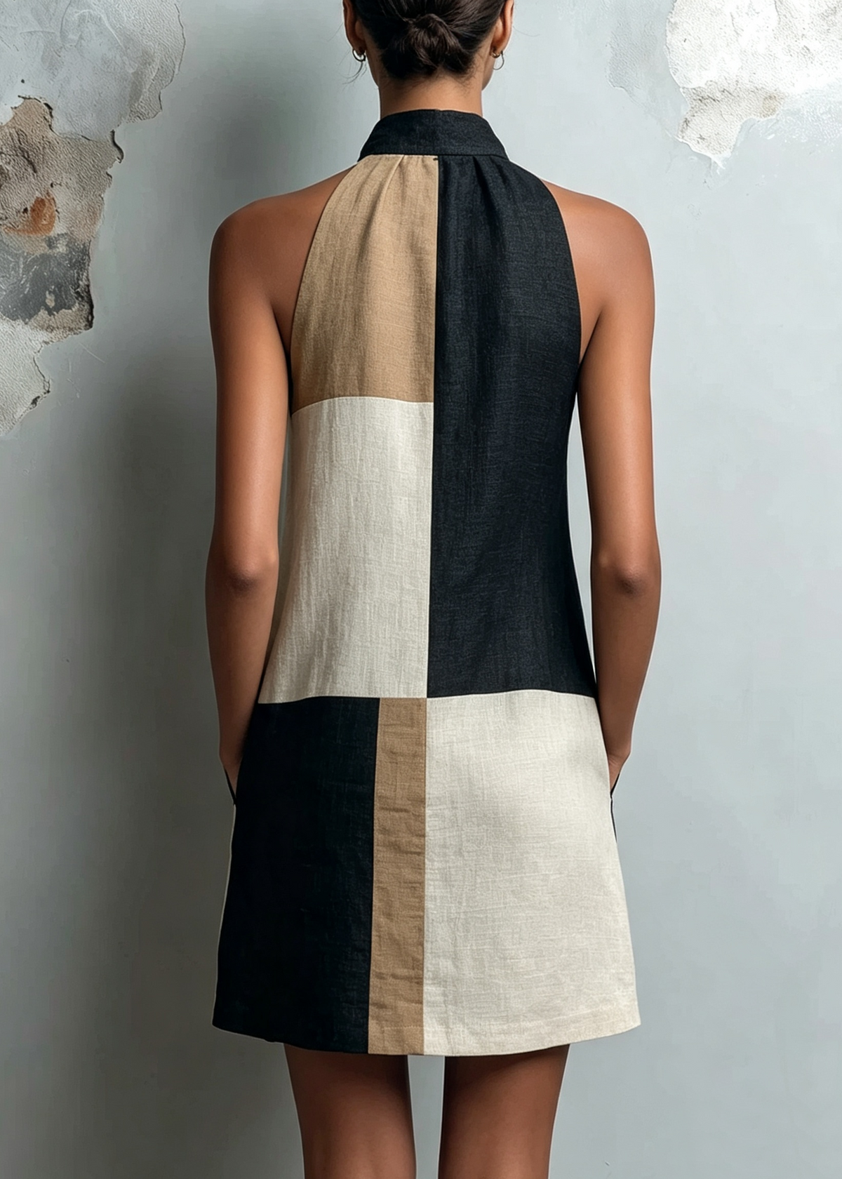 Lifestyle shot of the modern colorblock mini dress worn during a leisurely outdoor brunch, highlighting its versatile appeal.