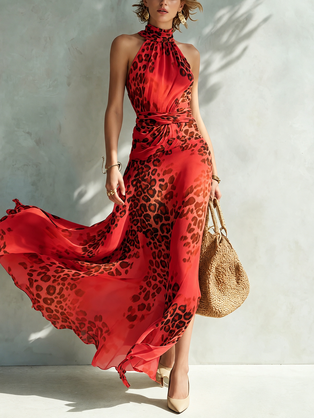 Detailed shot of the blended leopard print texture on the elegant twisted halter maxi dress, catching the light.