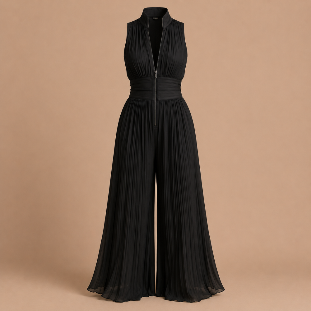 Lower half of the wide-leg women's jumpsuit, illustrating the generous movement and comfortable fit.