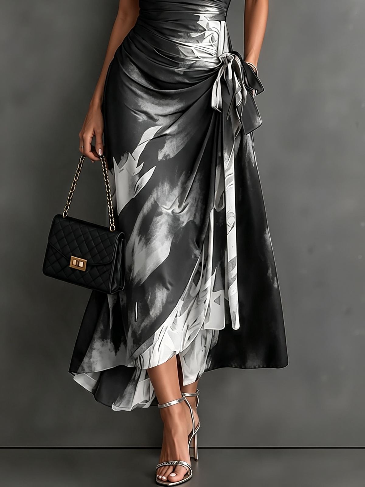 The purple abstract print maxi dress, styled impeccably for a wedding guest occasion, elegant and unique.
