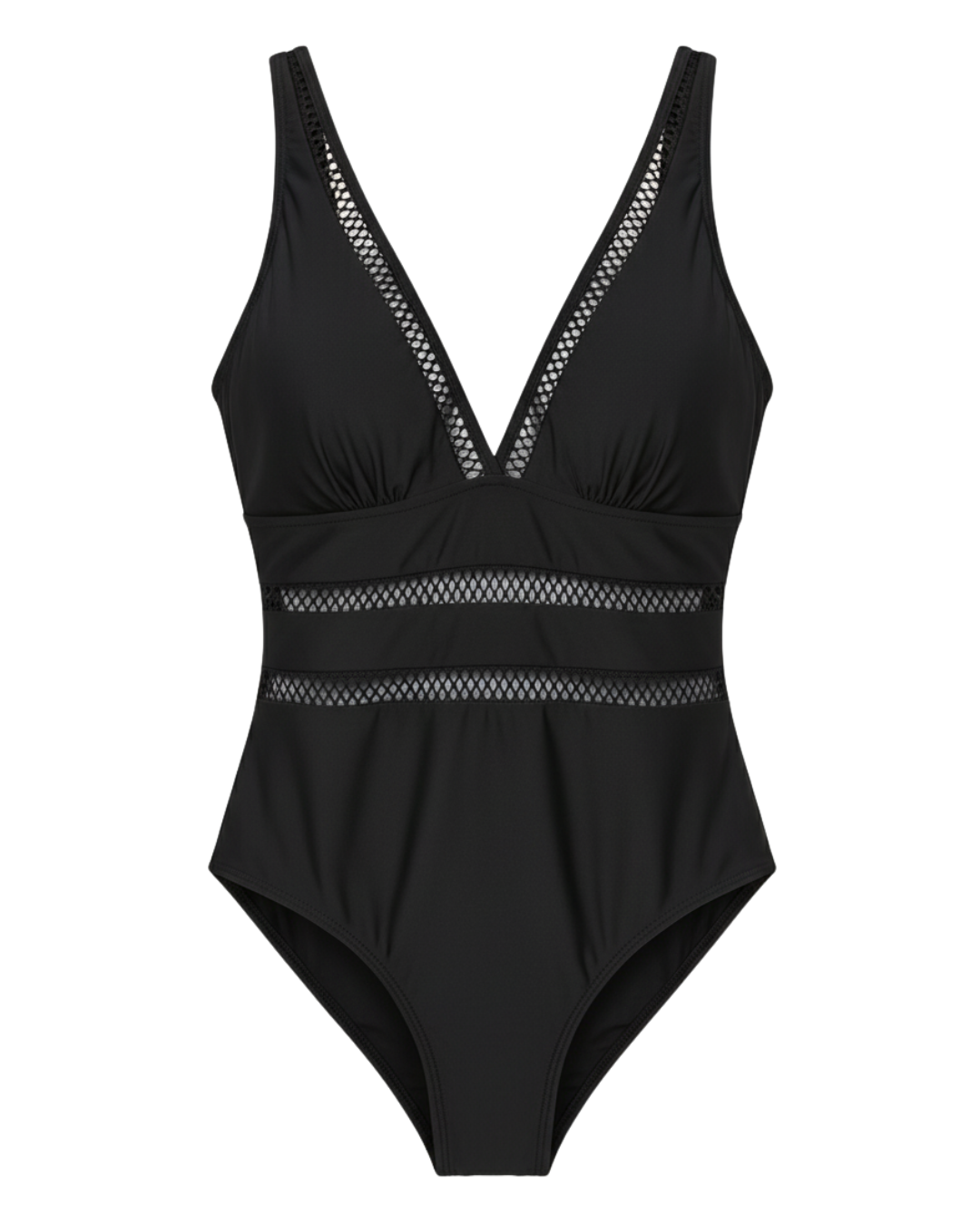 Model walking on a beach in the navy one-piece, showcasing movement and versatility of the swimwear.