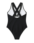 Front view of the black one-piece swimsuit, displayed flat to show its full shape and design details.