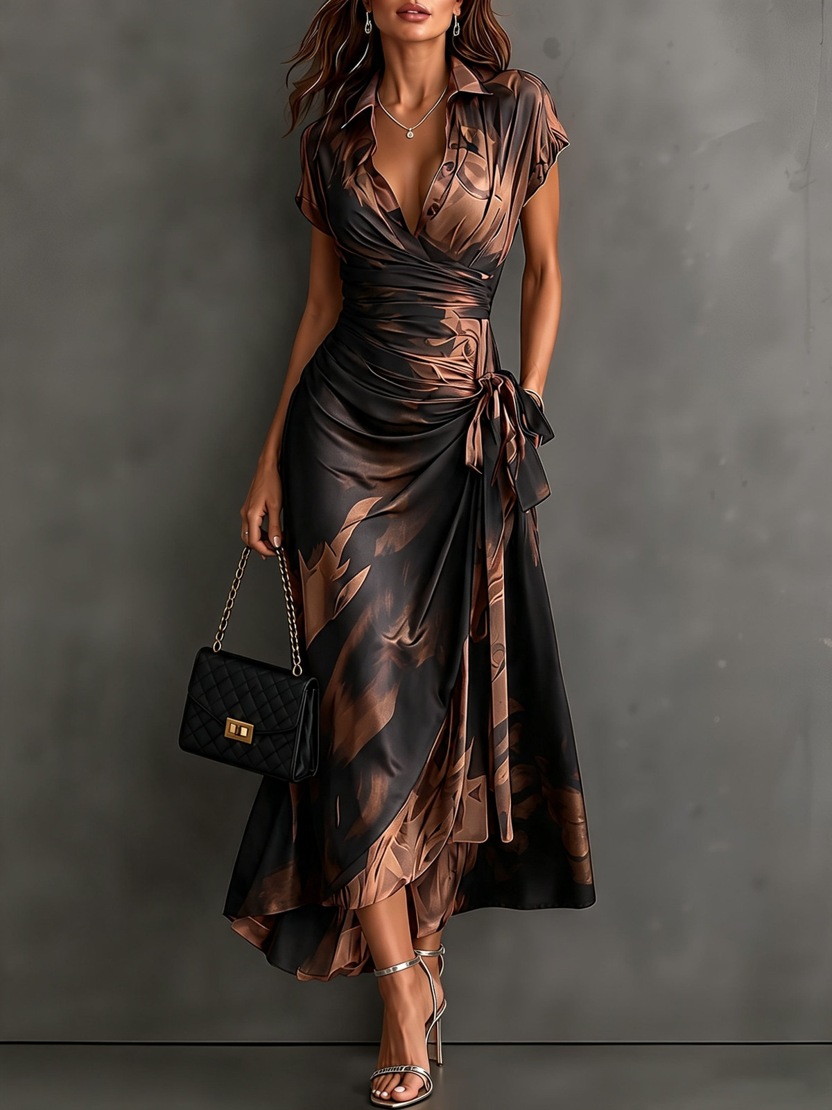 The blue abstract print wrap maxi dress, showcasing its short sleeves and delicate tie waist detail.