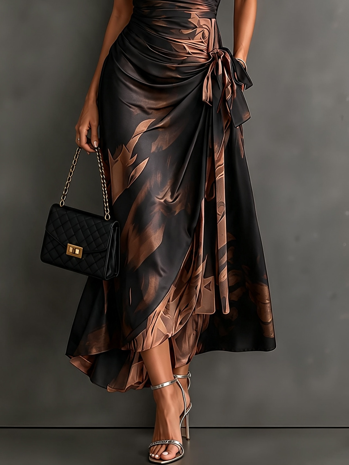 Purple abstract print maxi dress, ideal for vacation wear, presented with a vibrant, scenic background.