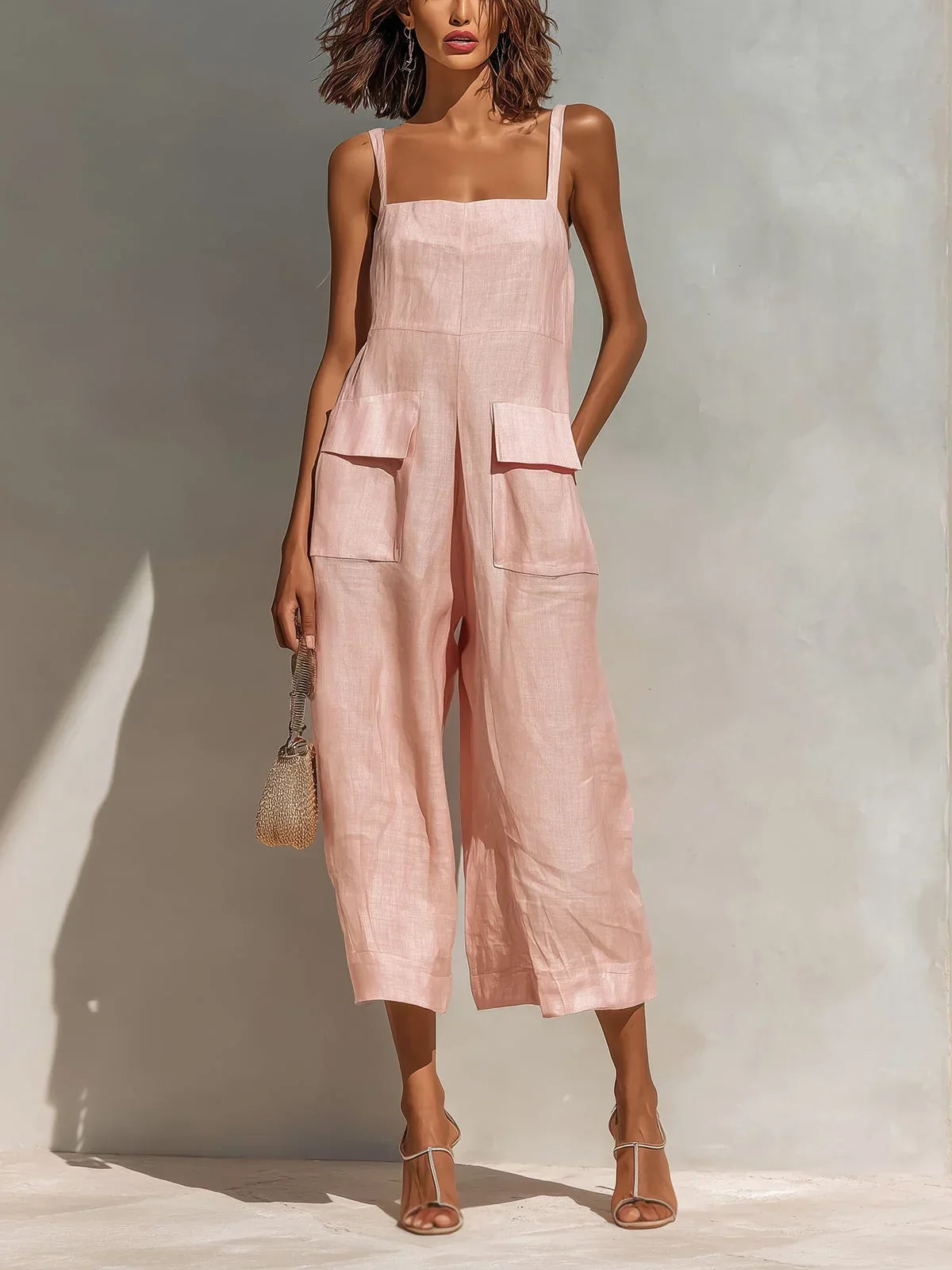 Full-length front view of the light blue Faylinn jumpsuit, showcasing its wide-leg silhouette and square neckline.