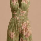Detail shot of the convenient front zipper closure on the high-waist women's jumpsuit.