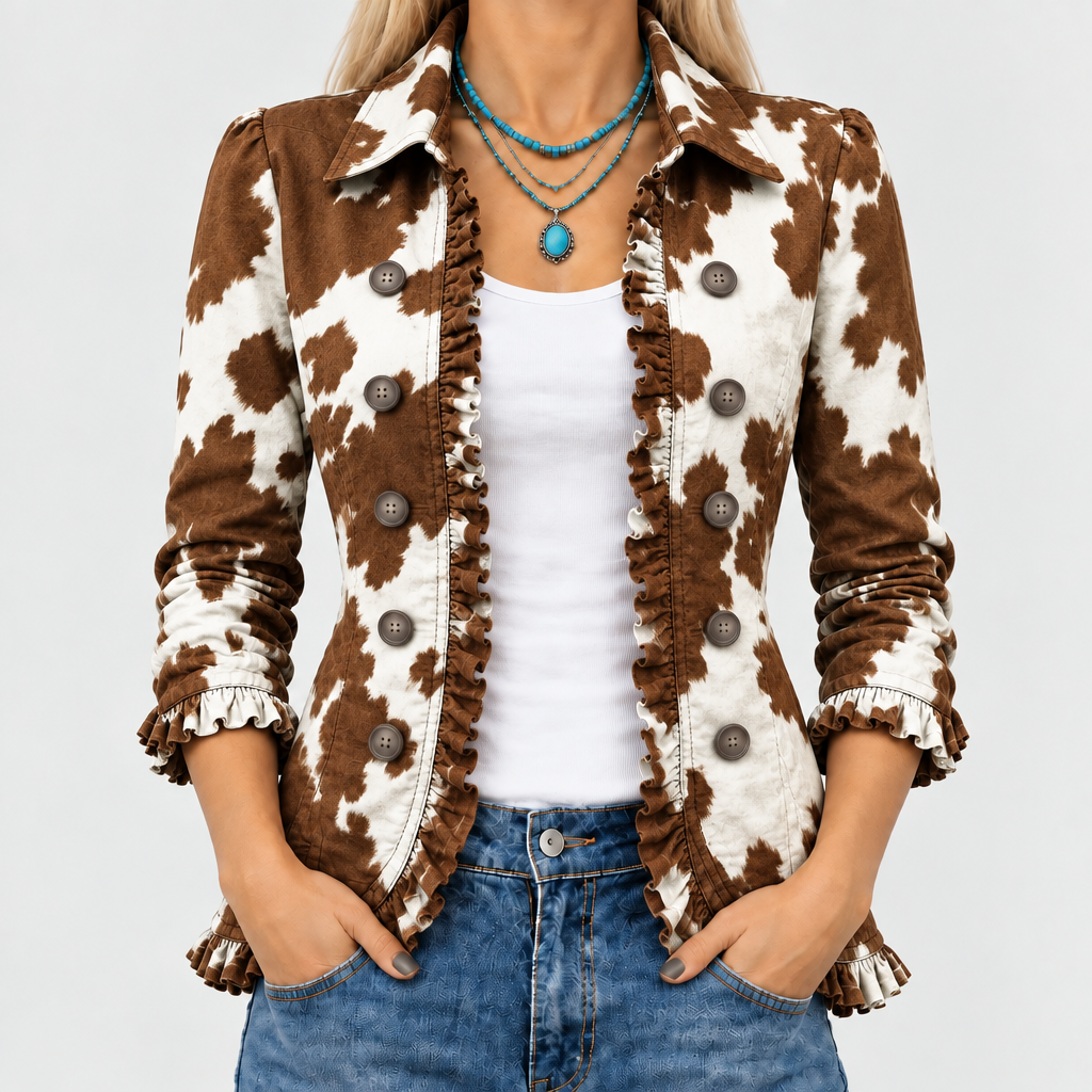 Dulcie | Cow Print Ruffle Jacket