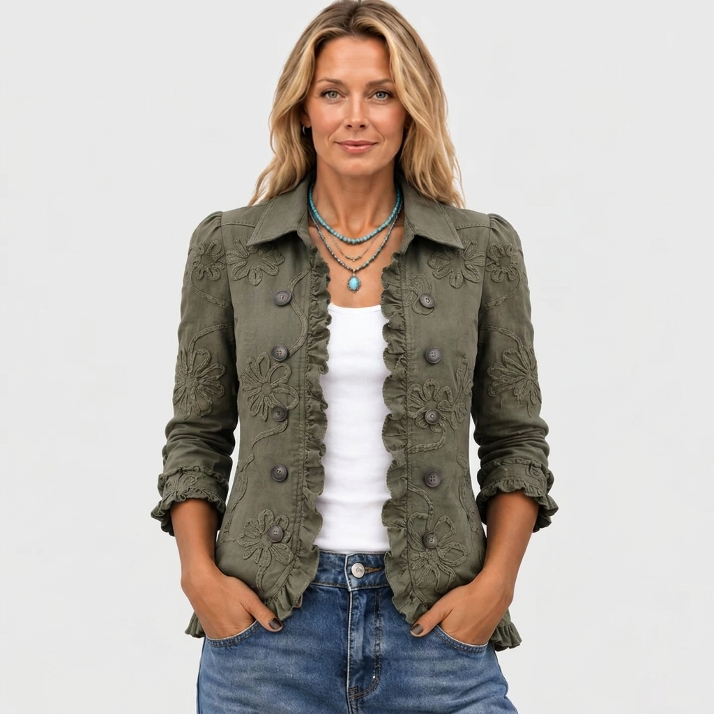 Marigold | Retro Green Floral Embroidered Ruffle Jacket