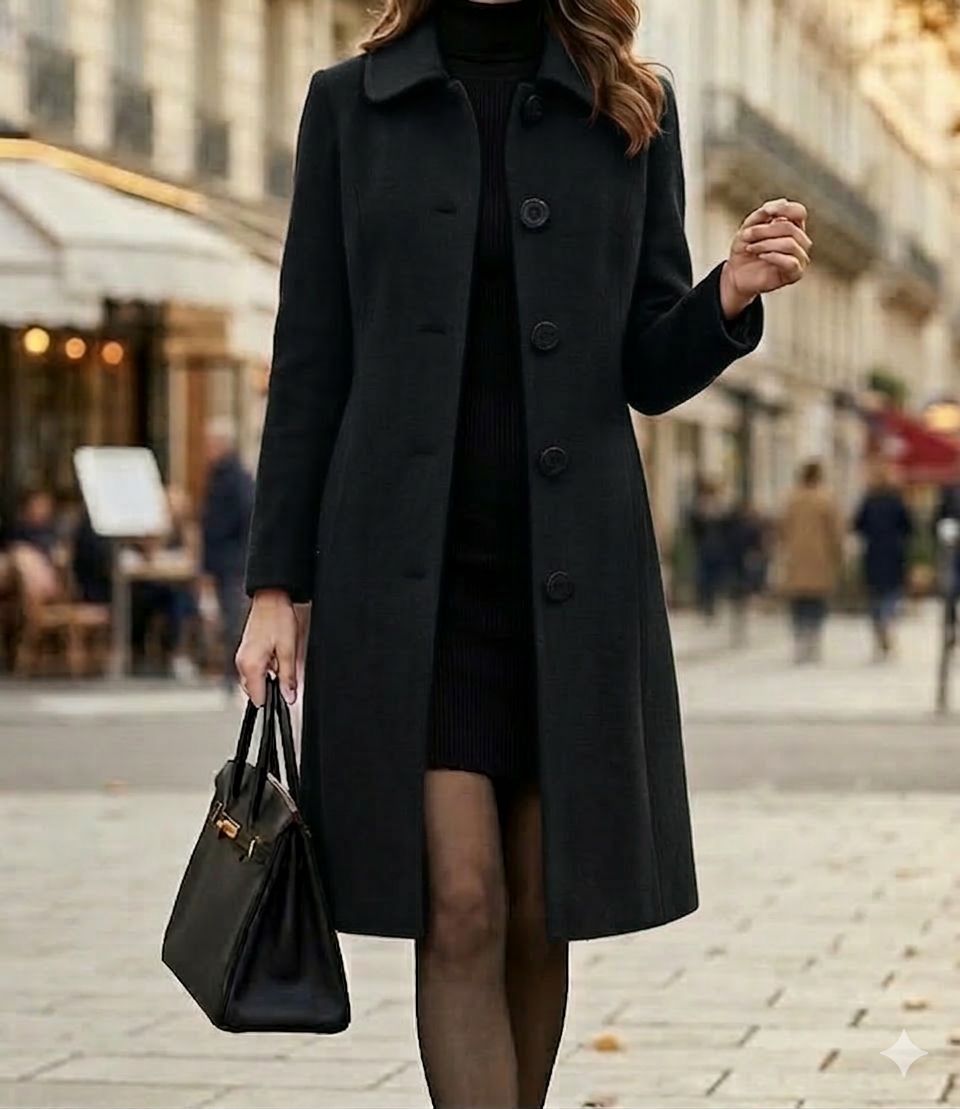 Back view of the Alessia classic coat, emphasizing the clean lines and structured cut from the shoulders down.