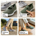 Four Carry features: wide toe box, breathable knit, cushioned sole, made for everyday use