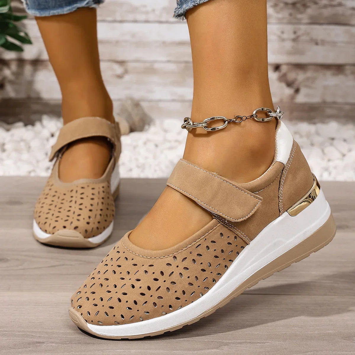 Lifestyle image of Celeste sandals worn outdoors on a sunny day, perfect for arch support and comfort.