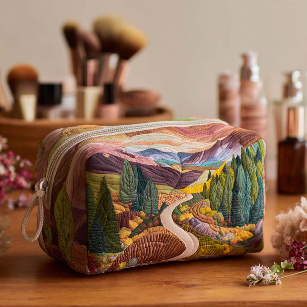 Close-up of a Daphne quilted handmade cosmetic bag showcasing the intricate Valle Della Pace design from a top-down view.
