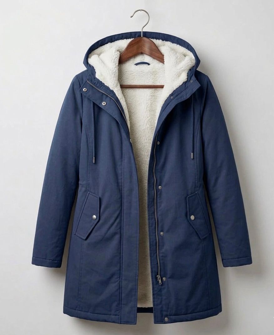 Front view of the Elara waterproof fleece-lined parka in a dark color, showcasing its tailored fit and storm hood.