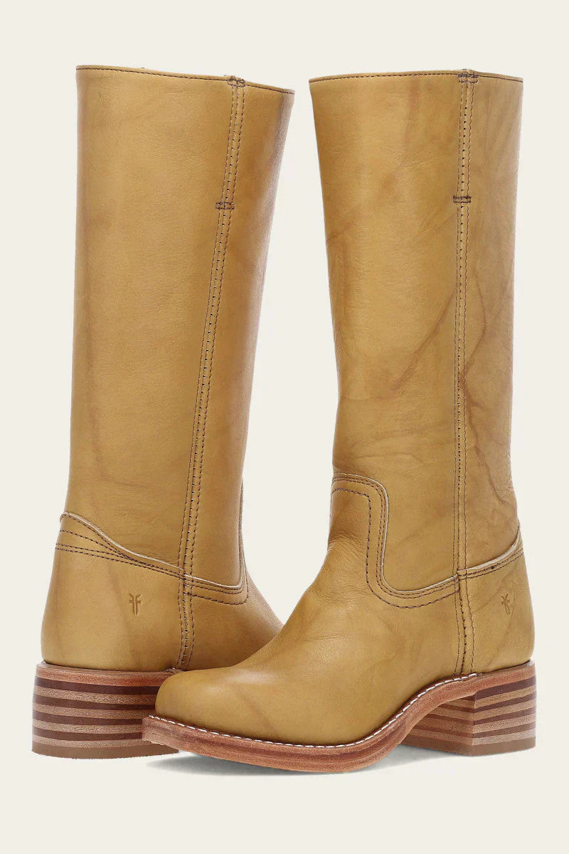 Full front view of Elara women's classic Western boots in light brown, showcasing the mid-calf design and subtle stitching.