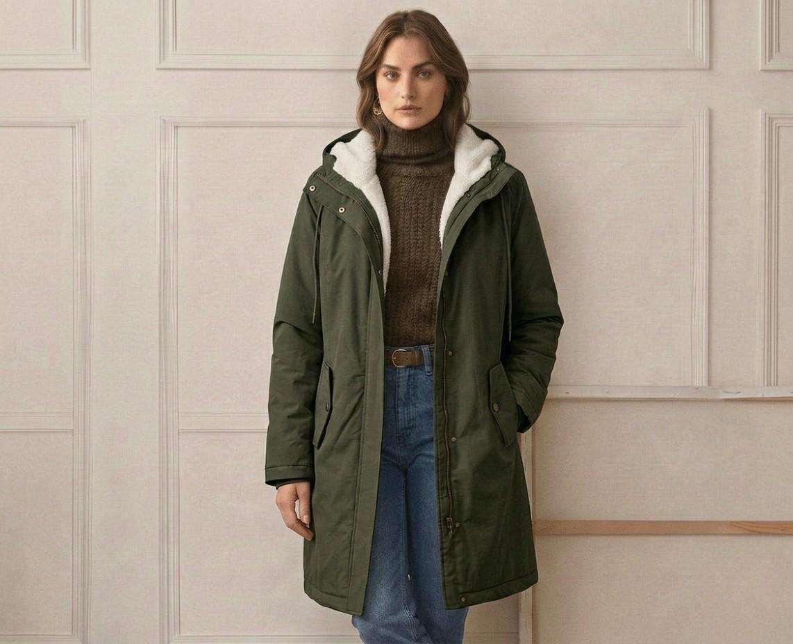 Image focusing on the Elara parka's pocket design, indicating practicality and secure storage.