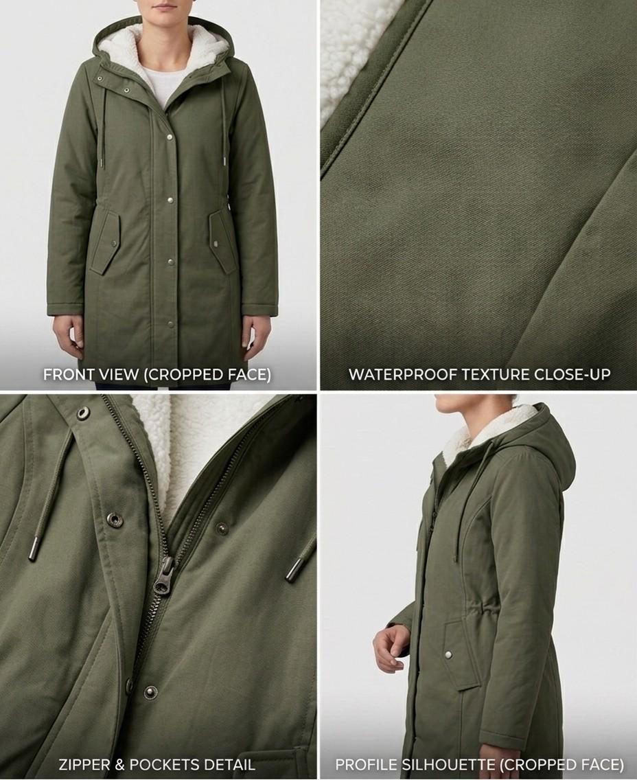 The Elara parka laid flat, showcasing its overall shape and design elements from a top-down perspective.