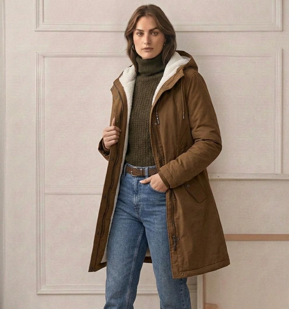 Model in the Elara parka adjusting the hood, illustrating its functional and snug fit.