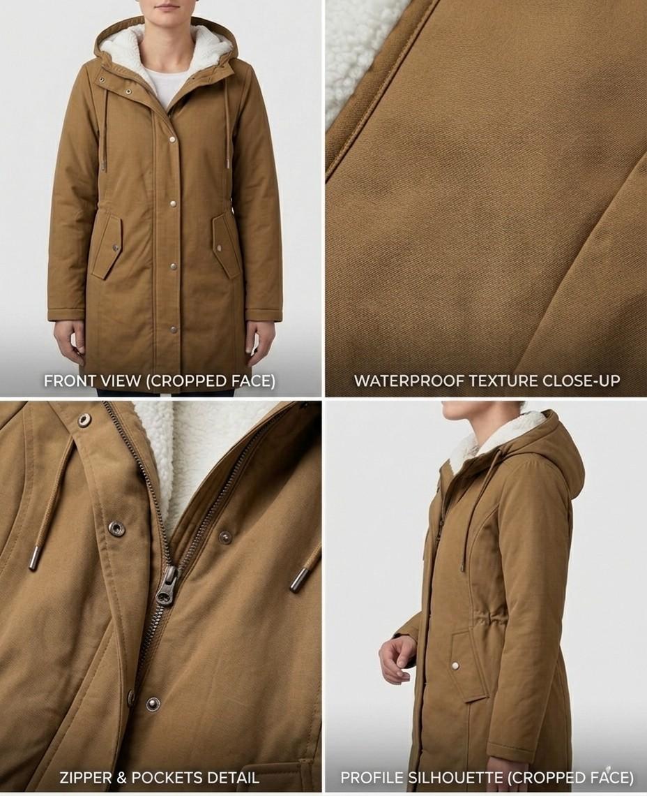Close-up of the Elara parka's collar area when zipped up, showing the fleece warmth around the neck.
