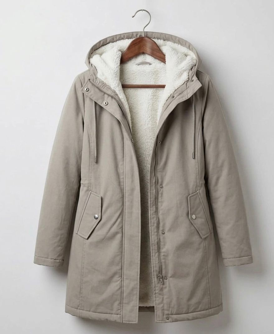 Another angle of the Elara waterproof parka, emphasizing its sleek silhouette and protective features.