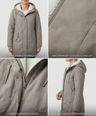 Detail shot of a small branding or logo element on the Elara waterproof parka, if applicable.
