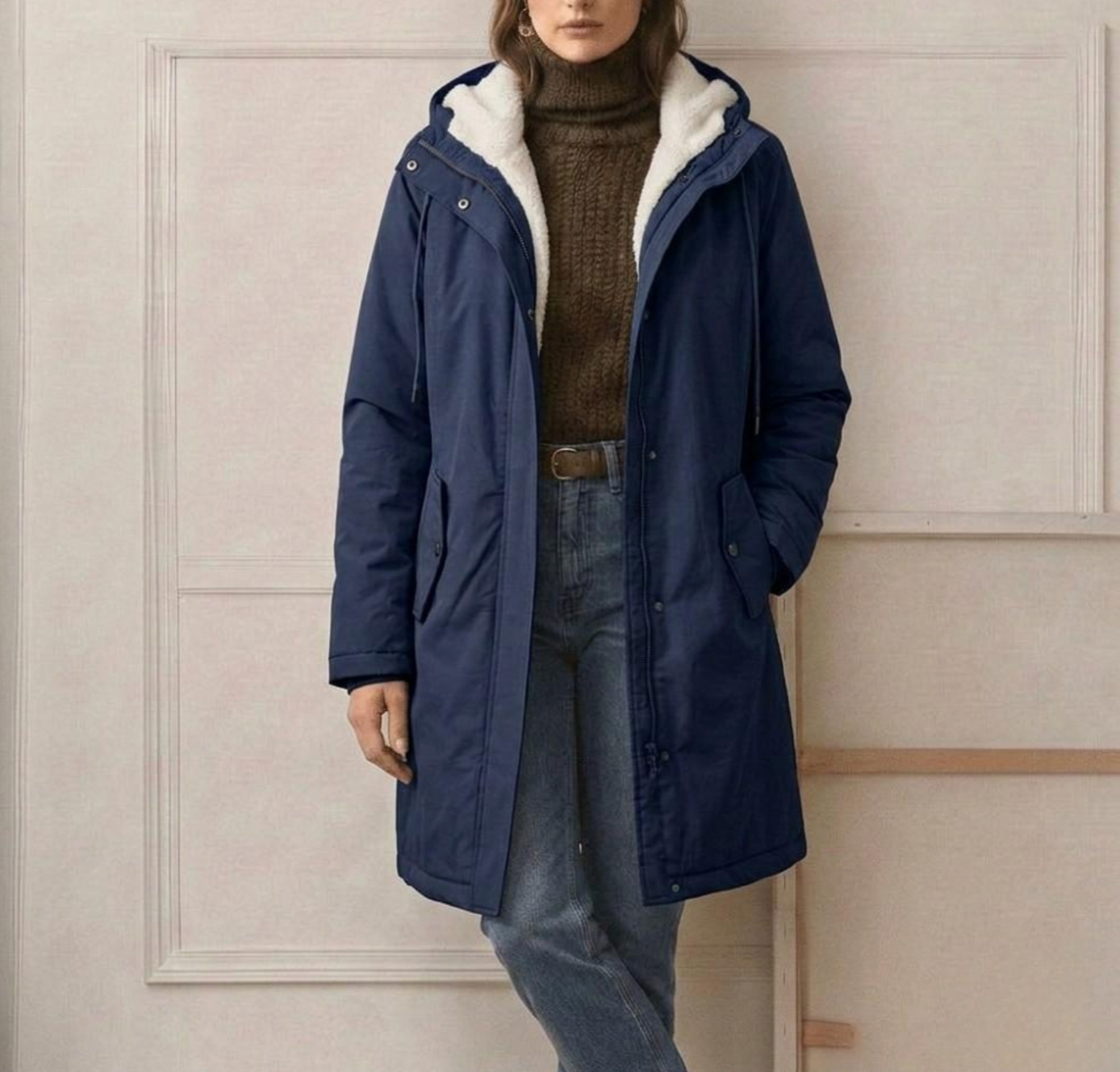 Side profile of the women's Elara parka, highlighting the subtle waist taper and practical length.