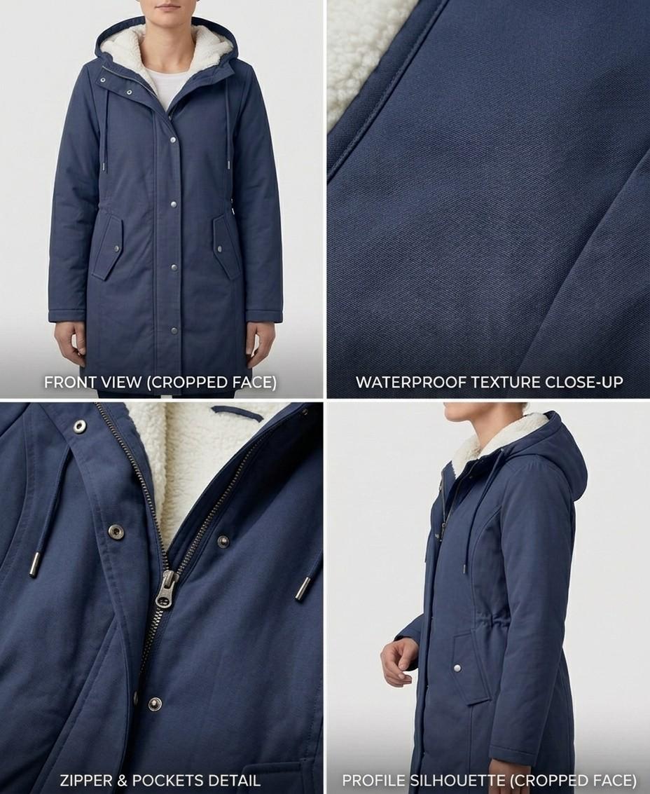 Close-up of the waterproof outer fabric texture on the Elara parka, showing its durable quality.
