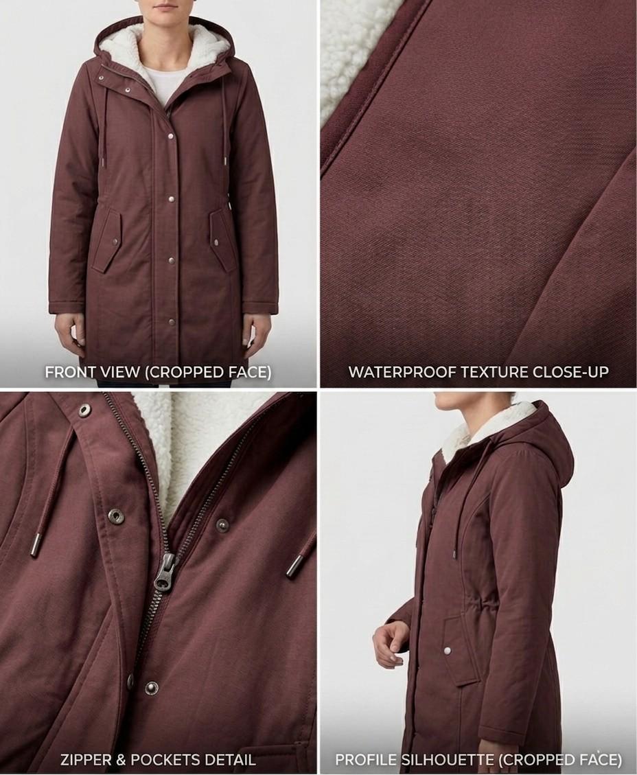 Model wearing the Elara waterproof parka in an outdoor setting, demonstrating its stylish appearance.