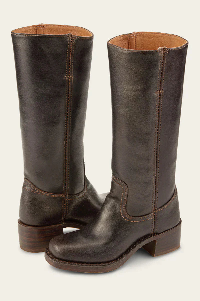 Close-up of the stacked block heel on the Elara classic Western boots, illustrating its sturdy construction and comfortable height.