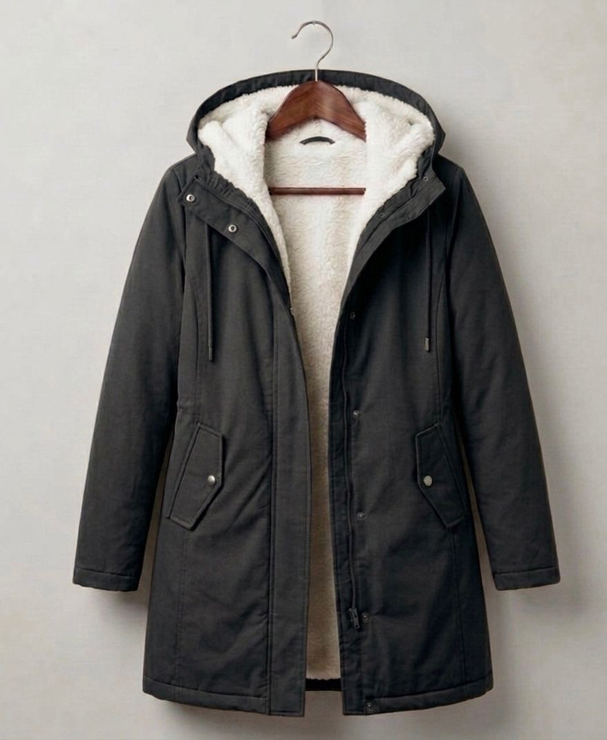 Detailed image of the deep, fixed storm hood on the Elara parka, designed for maximum face protection.