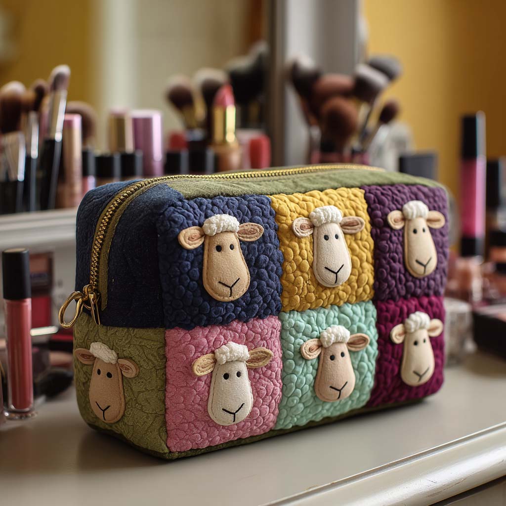 Front view of a Elina handmade quilted cosmetic bag in a vibrant patchwork design, showcasing its textured fabric and secure zip closure.