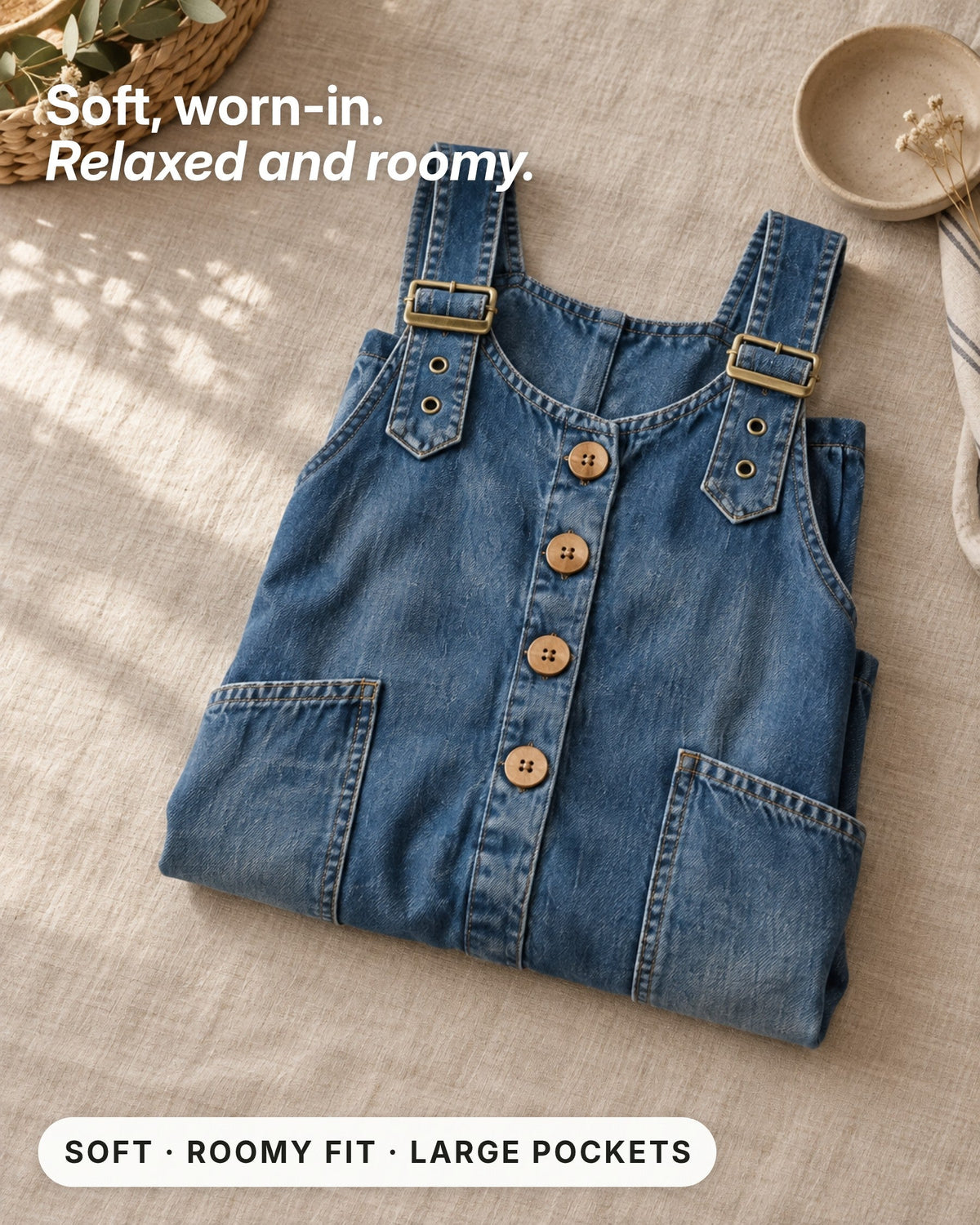 Side profile of the utility jumpsuit, highlighting its large pockets and wide leg silhouette.