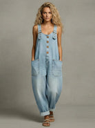 Lifestyle shot of the utility jumpsuit worn during a casual social gathering with friends.