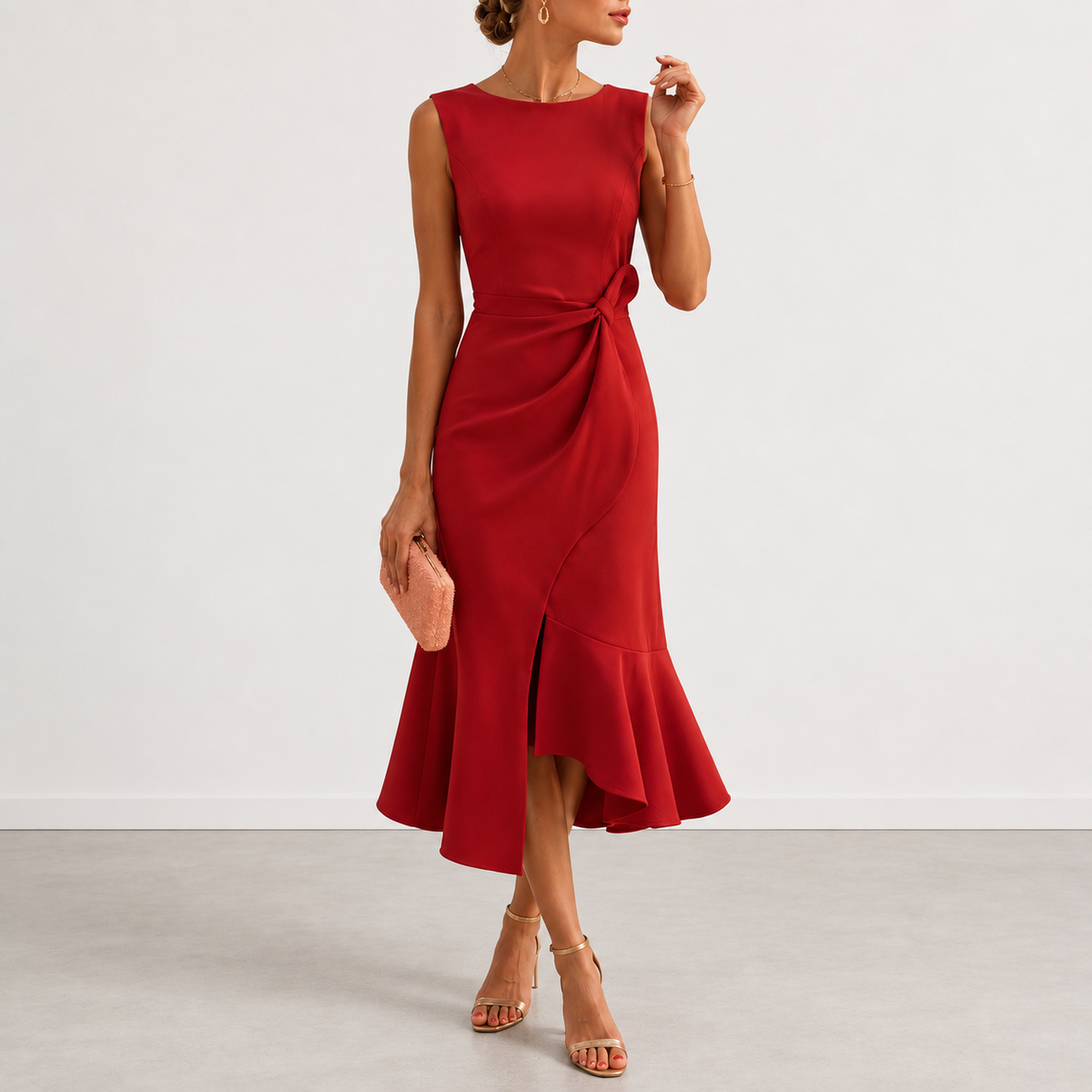 Front view of the Kiera elegant draped midi dress in a rich sienna shade, showcasing the full silhouette.