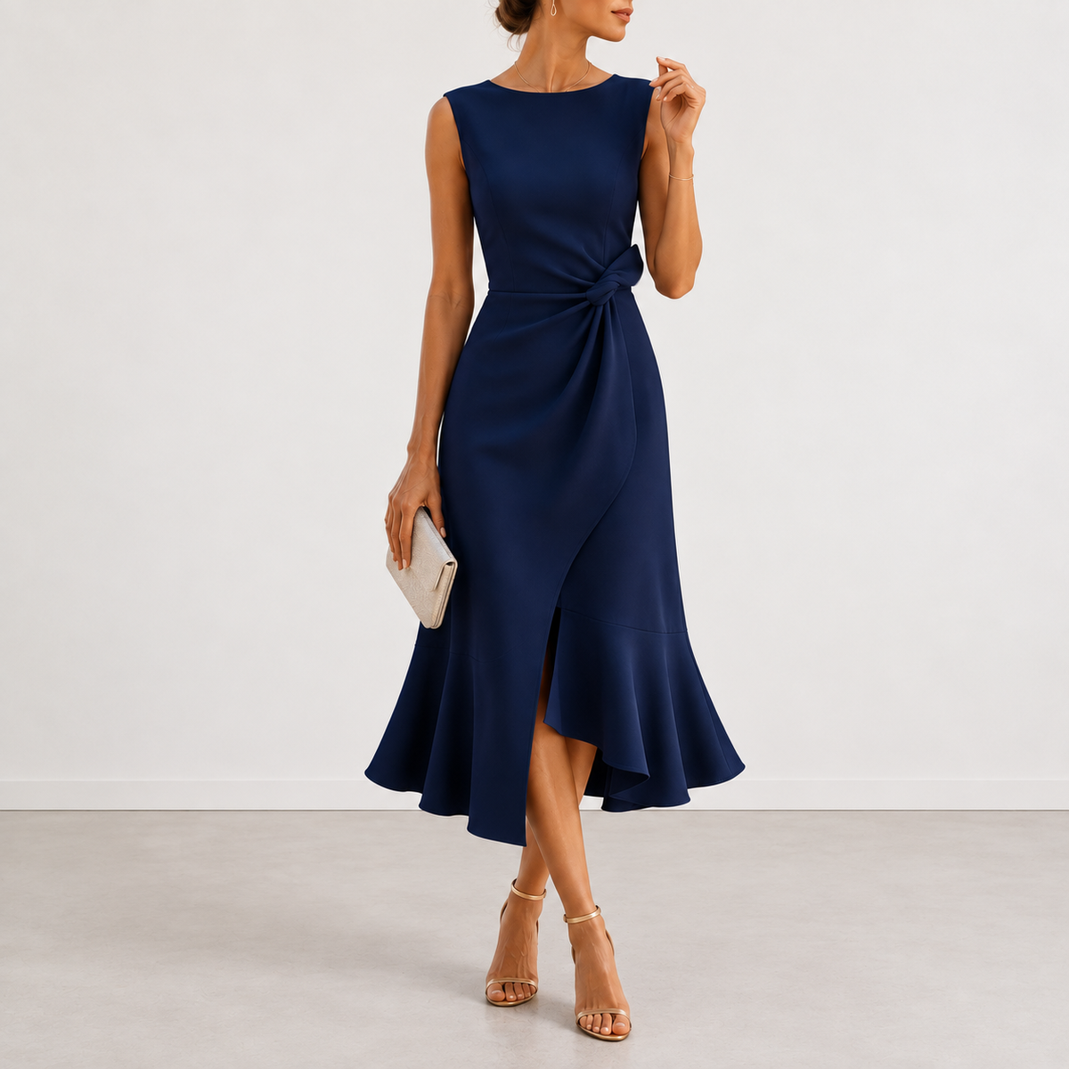 Close-up detail of the sculpted waist and elegant draping on the Kiera draped midi dress, highlighting fabric flow.