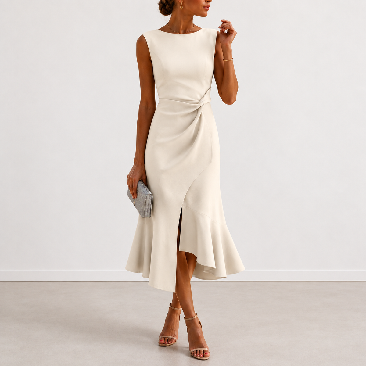 Front view of the Kiera draped midi dress in a soft lavender shade, styled for a refined evening event.