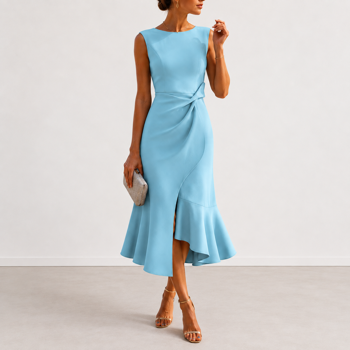 Back view of the Kiera elegant draped midi dress, showing the smooth lines and how the fabric falls.