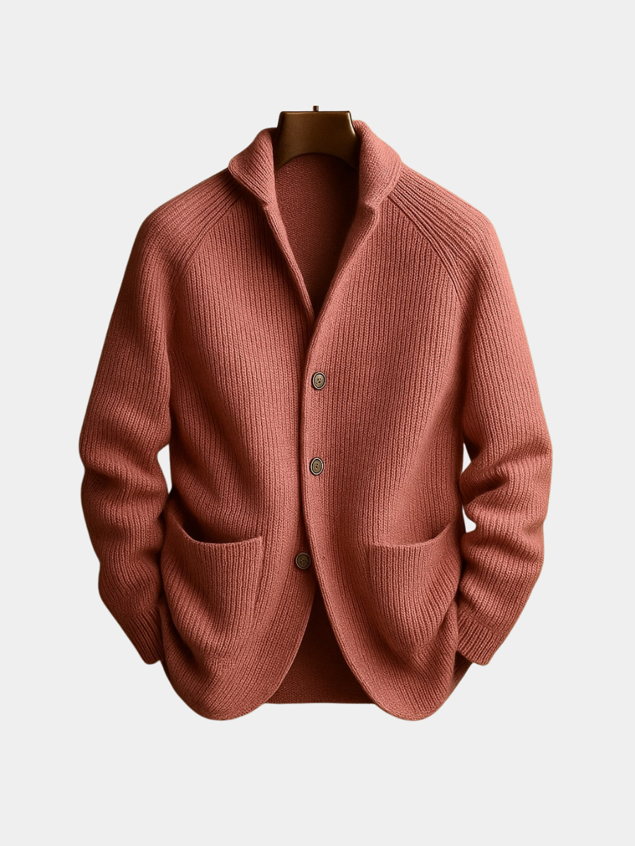 Front view of the Florian men's wool blend cardigan in a dark shade, showcasing its elegant shawl collar.